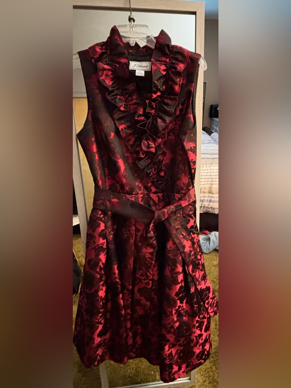 J Howard Red/ black floral jacquard cocktail dress size 14